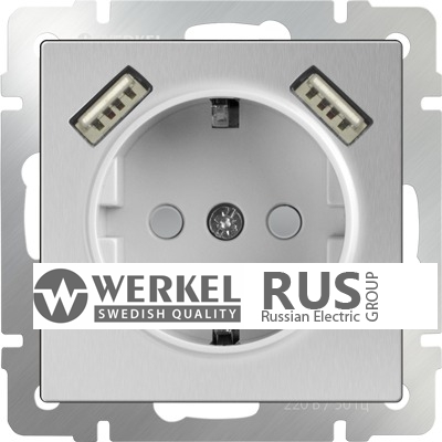 WL06-SKGS-USBx2-IP20 Розетка с заземлением, шторками и USB х2 (Серебряный) a033474
